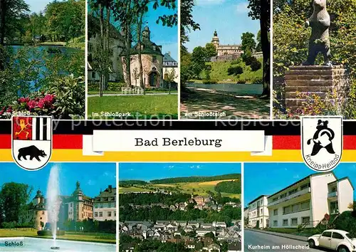 AK / Ansichtskarte Bad Berleburg Schlossteich Park Schloss Baerenstatue Fontaene Kurheim Wappen Kneipp Heilbad Kat. Bad Berleburg