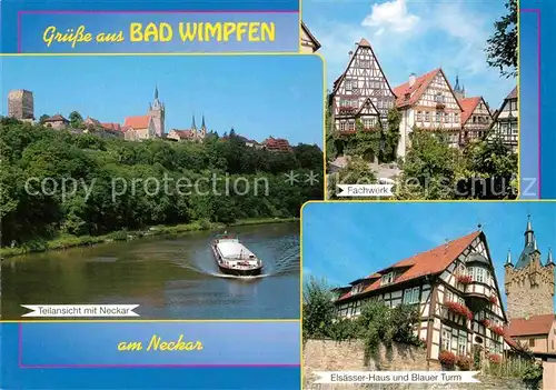 AK / Ansichtskarte Bad Wimpfen Neckar Binnenschifffahrt Fachwerkhaeuser Elsaesser Haus Blauer Turm Kat. Bad Wimpfen