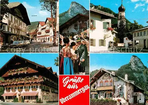 AK / Ansichtskarte Oberammergau Teilansichten Passionsspielort Trachten Kirche Kirchturm Kat. Oberammergau