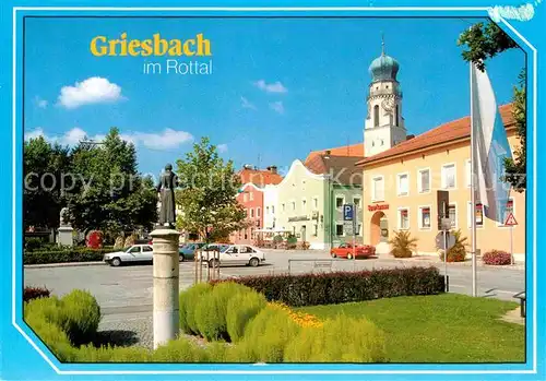 AK / Ansichtskarte Griesbach Rottal Platz Denkmal Statue Blick zur Kirche Kat. Bad Griesbach i.Rottal