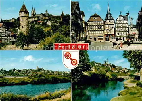 AK / Ansichtskarte Fritzlar Turm Schloss Marktplatz Brunnen Fachwerk Partie am Wasser Kat. Fritzlar