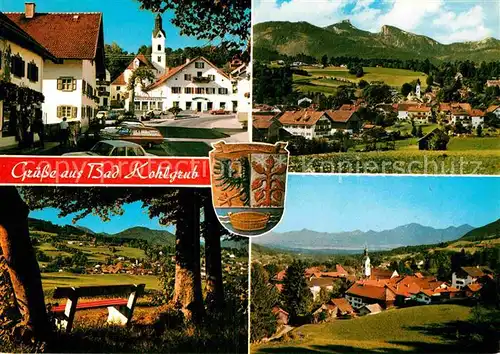 AK / Ansichtskarte Bad Kohlgrub Panorama Stahl und Moorbad Ortsansicht mit Kirche Wappen Ruhebank Kat. Bad Kohlgrub