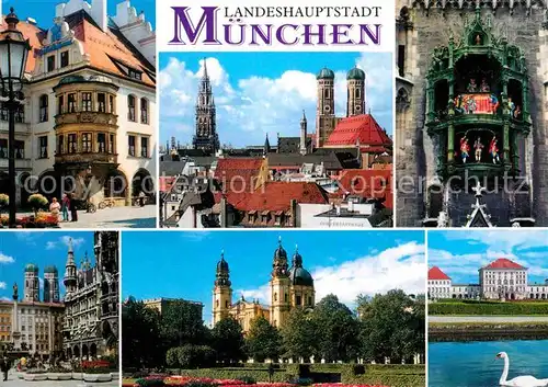 AK / Ansichtskarte Muenchen Hofbraeuhaus Rathaus Frauenkirche Glockenspiel Marienplatz Theatinerkirche Schloss Nymphenburg Schwan Kat. Muenchen