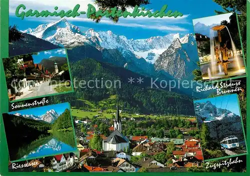 AK / Ansichtskarte Garmisch Partenkirchen Gesamtansicht Sonnenstrasse Riessersee Brunnen Zugspitzbahn Wettersteingebirge Kat. Garmisch Partenkirchen
