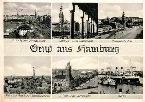 AK / Ansichtskarte Hamburg Jungfernstieg Rathaus Alsterarkaden Bahnhof Hafen St Pauli Landungsbruecken Tuerme Bismarckdenkmal Kat. Hamburg