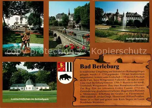 AK / Ansichtskarte Bad Berleburg Goetheplatz Partie an der Odeborn Schloss Berleburg Lustschloesschen im Schlosspark Kat. Bad Berleburg