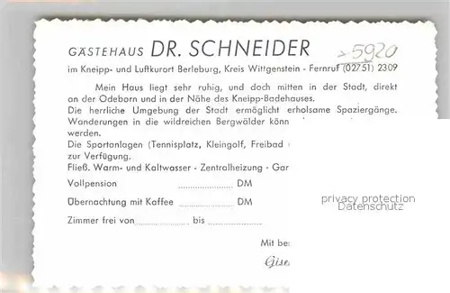 AK / Ansichtskarte Berleburg Bad Gaestehaus Dr Schneider Diele Lesezimmer Schlosstrasse Kat. Bad Berleburg