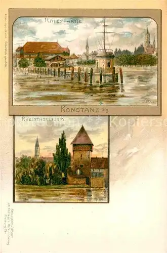 AK / Ansichtskarte Konstanz Bodensee Rheintorturm Hafen Kuenstlerkarte CM  Kat. Konstanz