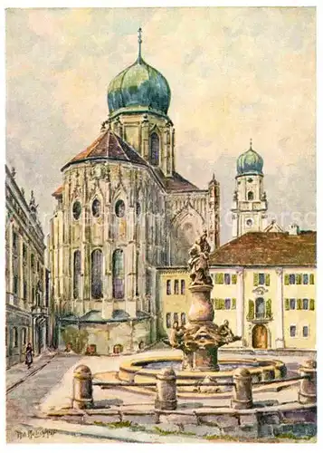 AK / Ansichtskarte Passau Residenzplatz mit Wittelsbacherbrunnen Dom Kuenstlerkarte Anton Pfeilschifter Kat. Passau