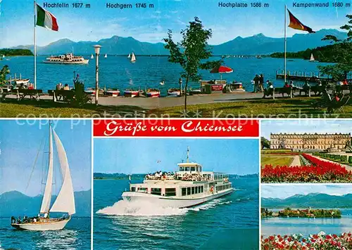 AK / Ansichtskarte Chiemsee Uferpromenade Segeln Faehre Schloss Herrenchiemsee Fraueninsel Kloster Alpen Kat. Chiemsee