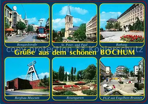 AK / Ansichtskarte Bochum Bongardstrasse Kirche Rathaus Brunnen Rosengarten Bergbau Museum Kat. Bochum