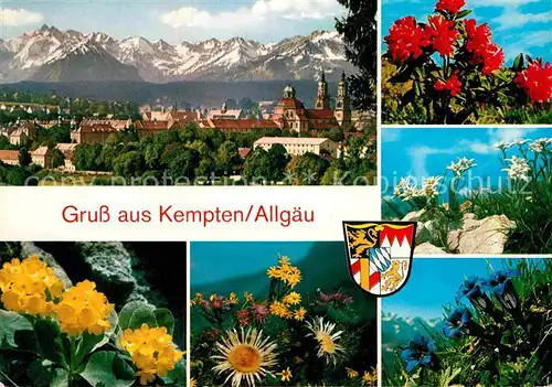 AK / Ansichtskarte Kempten Allgaeu Stadtpanorama Alpenblick Alpenflora Wappen Kat. Kempten (Allgaeu)