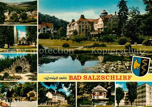 AK / Ansichtskarte Bad Salzschlirf Kurpark Fontaene Mariengrotte Kurhotel Taubenhaus Moorbadehaus Badehof Seerosen Teich Kat. Bad Salzschlirf