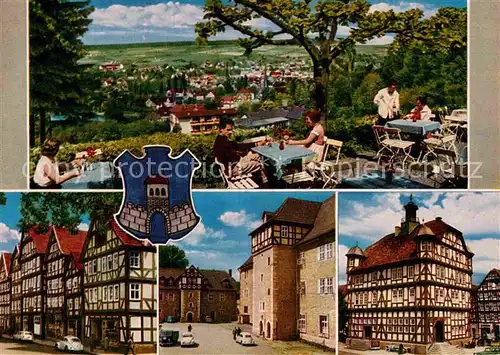 AK / Ansichtskarte Melsungen Fulda Fachwerkidyll am Walde Stadtpanorama Restaurant Terrasse Schloss Rathaus Kat. Melsungen