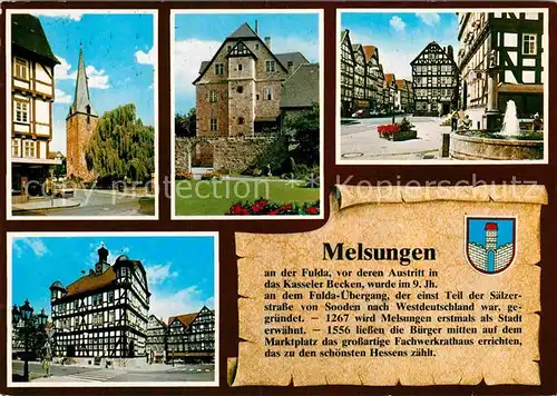 AK / Ansichtskarte Melsungen Fulda Marktplatz Brunnen Fachwerkhaeuser Rathaus Schloss Geschichte Kat. Melsungen