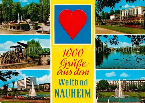 AK / Ansichtskarte Bad Nauheim Sprudelhof Wasserrad Kurpark Fontaene Sanatorium Schwanenteich Herz Kat. Bad Nauheim