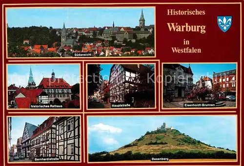 AK / Ansichtskarte Warburg Westfalen Ortsansicht Kirche Historisches Rathaus Strassenpartie Fachwerkhaus Eisenholdt Brunnen Dosenberg Burg Kat. Warburg