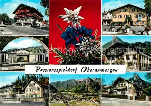 AK / Ansichtskarte Oberammergau Hotel Bruehne Haensel und Gretel Haus Pilatus Haus Rotkaeppchen Passionsspieldorf Alpenflora Kat. Oberammergau
