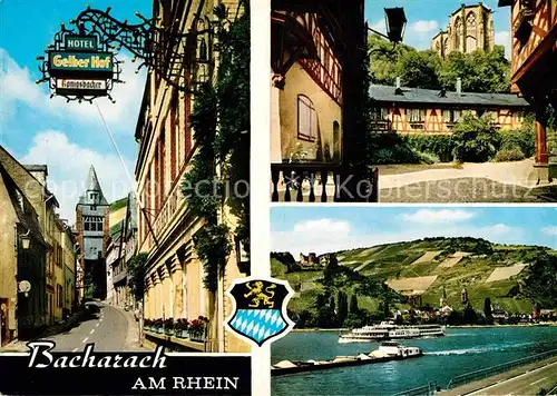 AK / Ansichtskarte Bacharach Rhein Ortsmotive Hotel Gelber Hof Binnenschiffahrt Dampfer Kahn Kat. Bacharach