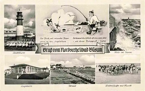 AK / Ansichtskarte Buesum Nordseebad Leuchtturm Liegehalle Strand Mole Sturm Wattenlaeufer Kat. Buesum