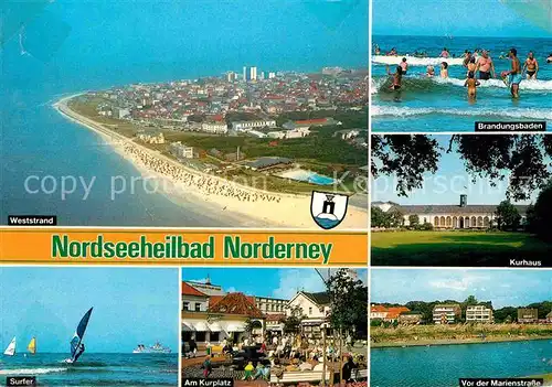 AK / Ansichtskarte Norderney Nordseebad Fliegeraufnahme Weststrand Brandungsbaden Kurhaus Surfer Am Kurplatz Vor der Marienstrasse Kat. Norderney