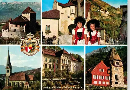 AK / Ansichtskarte Liechtenstein  Schloss Vaduz Schlosshof Nationaltracht Pfarrkirche Rotes Haus Kat. Liechtenstein