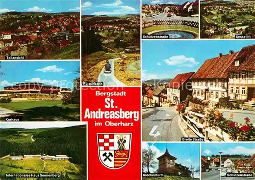 AK / Ansichtskarte St Andreasberg Harz Sommerrodelbahn Breite Strasse Glockenturm Schuetzenstrasse Haus Sonnenberg Kurhaus Sessellift Kat. Sankt Andreasberg