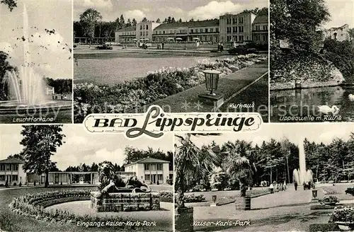 AK / Ansichtskarte Bad Lippspringe Leuchtfontaene Kaiser Karls Park Loewenskulptur Kurhaus Lippequelle Ruine Kat. Bad Lippspringe