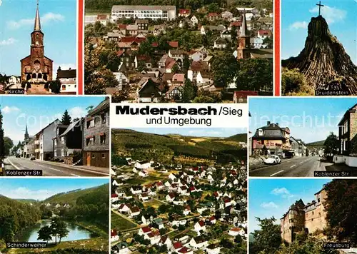 AK / Ansichtskarte Mudersbach Sieg Kirche Koblenzer Strasse Druidenstein Freusburg Schinderweiher Kat. Mudersbach