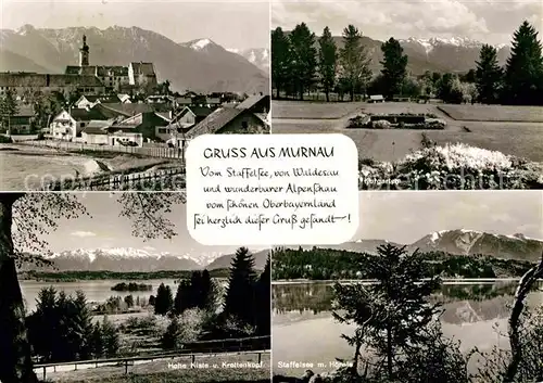 AK / Ansichtskarte Murnau Staffelsee Ortsansicht mit Kirche Kurgarten Hohe Kiste Krottenkopf Alpenpanorama
