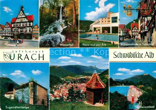 AK / Ansichtskarte Urach Bad Rathaus Wasserfall Haus auf der Alb Jugendherberge Schwimmbad Kat. Bad Urach