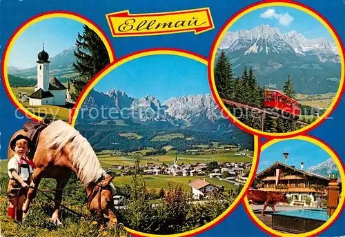 AK / Ansichtskarte Ellmau Tirol am Wilden Kaiser Kirche Panorama Bergbahn Brunnen Kat. Ellmau