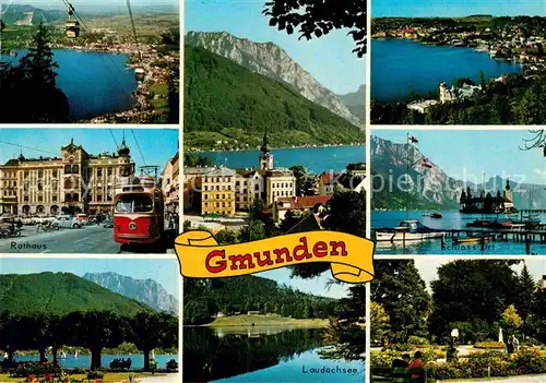 AK / Ansichtskarte Gmunden Salzkammergut Seilbahn Panorama Rathaus Schloss Ort Laudachsee Park Kat. Gmunden