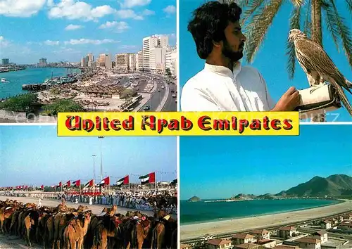 AK / Ansichtskarte Vereinigte Arabische Emirate Panorama Falkner Kamelreiten Strand Kat. Vereinigte Arabische Emirate
