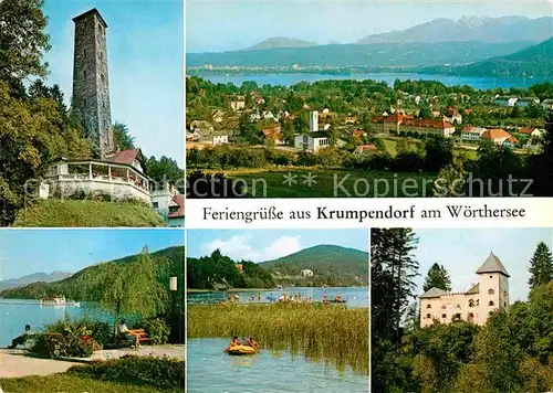 AK / Ansichtskarte Krumpendorf Woerthersee Schrottenturm Panorama Strandpark Uferpartie Schloss Drasing