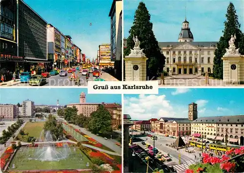 AK / Ansichtskarte Karlsruhe Baden Kaiserstrasse Schloss Wasserspiele Marktplatz