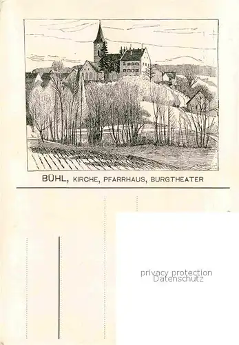 AK / Ansichtskarte Buehl Elsass Kirche Pfarrhaus Burgtheater Kuenstlerkarte A. Harsch Kat. Buhl