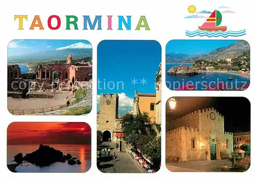 AK / Ansichtskarte Taormina Sizilien Kirche Ruine Sonnenuntergang Stadttor Bucht Hafen Kat. 