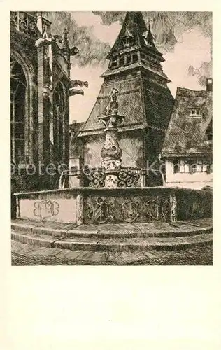 AK / Ansichtskarte Schwaebisch Gmuend Loewenbrunnen Glockenturm Heiligkreuz Muenster Radierung Romberg Kat. Schwaebisch Gmuend