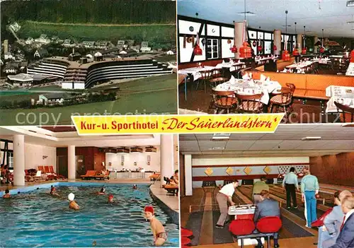 AK / Ansichtskarte Willingen Sauerland Kur und Sporthotel Der Sauerlandstern Fliegeraufnahme Speisesaal Hallenbad Kegelbahnen Kat. Willingen (Upland)