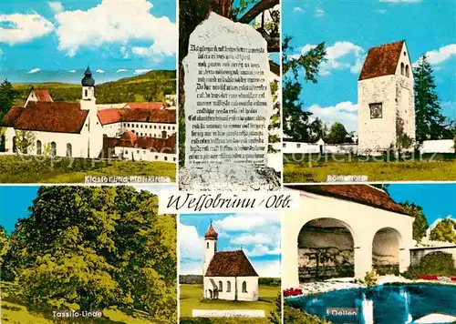 AK / Ansichtskarte Wessobrunn Kloster Pfarrkirche Roemerturm Quellen Kapelle Tassilo Lindo Gedenkstein Kat. Wessobrunn