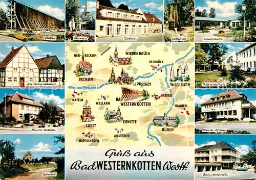 AK / Ansichtskarte Bad Westernkotten Saline Fachwerkhaeuser Wandelhalle Kurhaus Soleturm Ehrenmal Kat. Erwitte