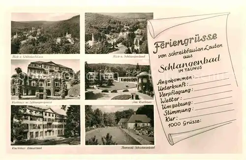 AK / Ansichtskarte Schlangenbad Taunus Wilhelmsfelsen Schlangenbad Kurhaus Schlangenquelle Roemerbad Schwimmbad Kat. Schlangenbad