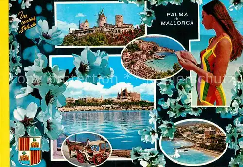 AK / Ansichtskarte Palma de Mallorca Windmuehlen Cathedrale Strand Pferdekutsche Kat. Palma de Mallorca