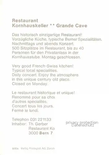 AK / Ansichtskarte Bern BE Restaurant Kornhauskeller Grande Cave Historisches Gebaeude Kat. Bern