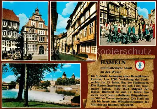 AK / Ansichtskarte Hameln Weser Altstadt Fachwerkhaus Partie am Fluss Wehr Rattenfaenger Sage Geschichte