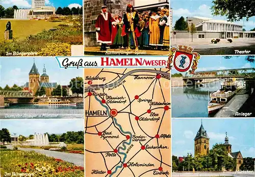 AK / Ansichtskarte Hameln Weser Buergerpark Dampfer Anleger Muenster Rattenfaenger Spiele Sage Theater Landkarte