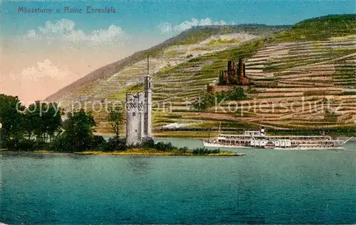 AK / Ansichtskarte Bingen Rhein Maeuseturm Burgruine Ehrenfels Personendampfer Kat. Bingen am Rhein