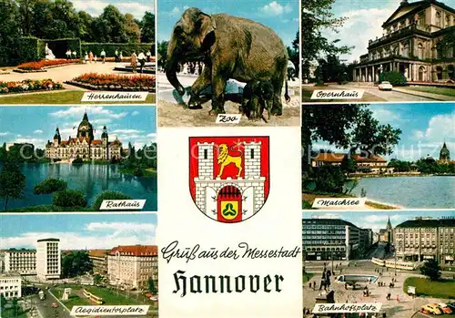 AK / Ansichtskarte Hannover Herrenhausen Rathaus Aegidientorplatz Zoo Elefant Opernhaus Maschsee Bahnhofsplatz Wappen Messestadt Kat. Hannover