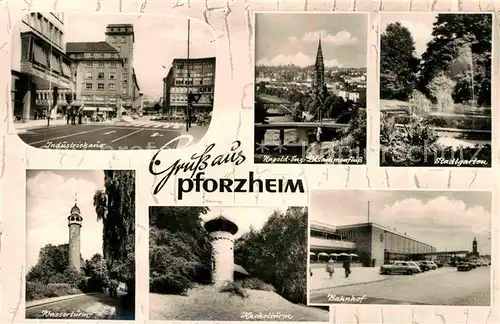 AK / Ansichtskarte Pforzheim Industriehaus Nagold Enz Stadtgarten Wassertuerme Hachelturm Bahnhof Kat. Pforzheim